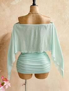 Nuevo conjunto sexy de fiesta con parte superior suelta asimétrica de hombro con lentejuelas doradas transparentes y falda mini fruncida de cintura baja, estilo bohemio, de vacaciones, vintage, para la playa, crucero - Verde 3 - Ver 5