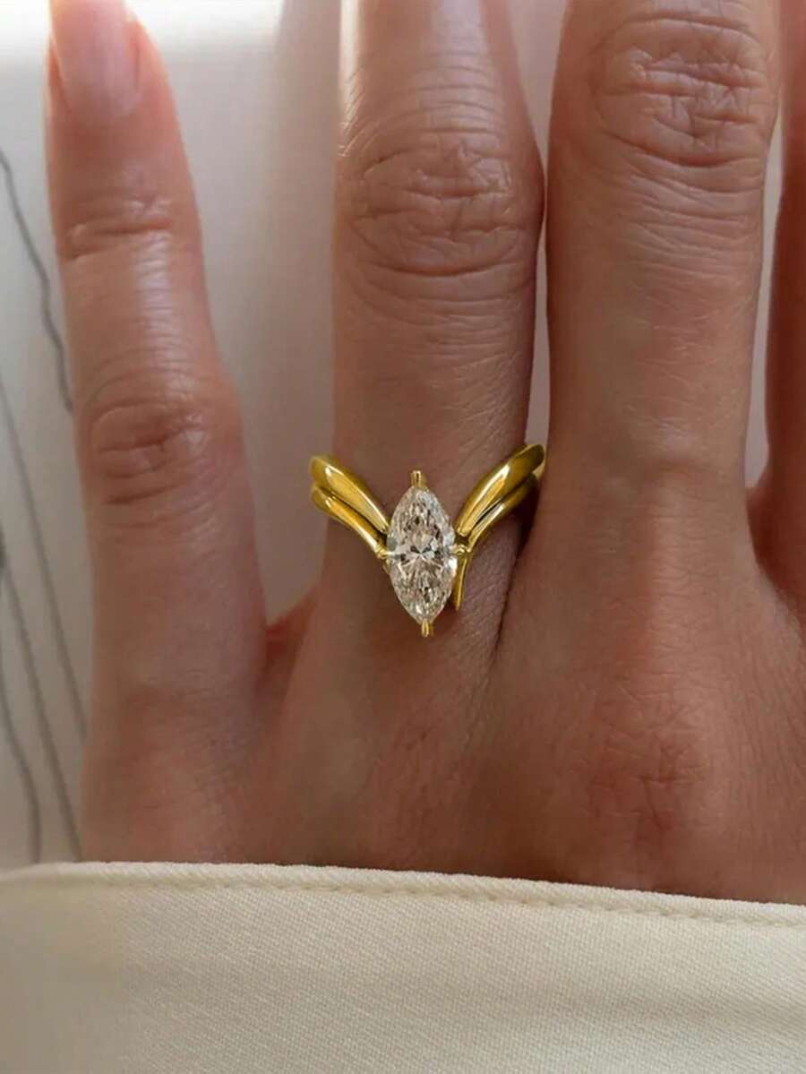 1 pieza Anillo de mujer de material de cobre color dorado con diseño ovalado exquisito, adecuado para vacaciones, fiestas, atuendo diario, accesorio de fiesta - Dorado - Ver 1