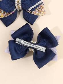 2pcs Navy Blue Ribbed Satin Double Bow Hair Clips Gold Glitter Pearl Rhinestone Decor For Girls Kids Birthday Party Daily Wear - Multicolor - View 5