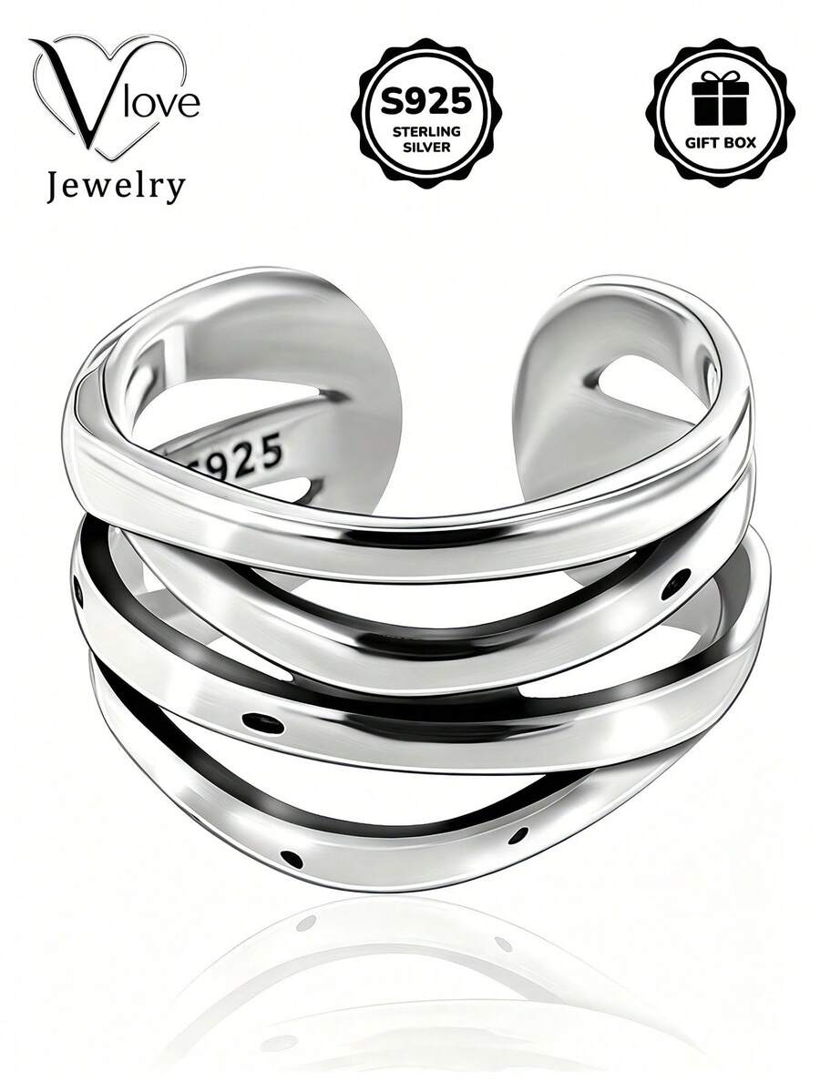 1pc S925 Sterling Silver Multi-Layer Wrapped Open Ring, Daily Wear Surprise Gift, Comes With Gift Box