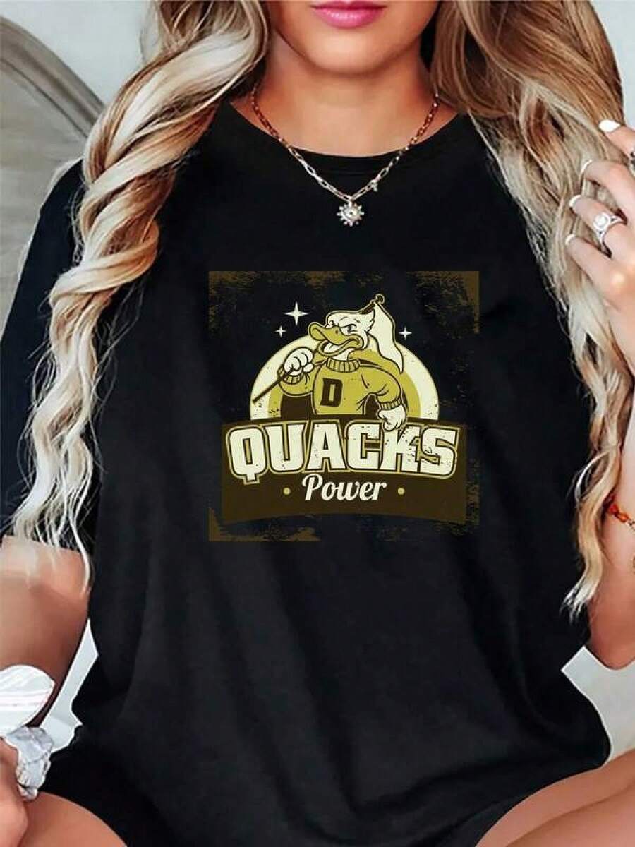 Women's QUACKS Power Duck T-Shirt, Comfortable For All Seasons, With Round Neck And Short Sleeves, Featuring The QUACKS Team Logo And Duck Design, Casual Sports T-Shirt, Suitable For Casual Wear Or As A Team Uniform, Unisex Style. - 黑色 - 查看 1