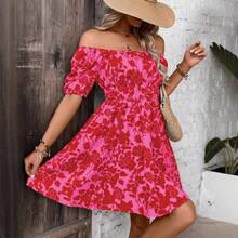 New Printed Casual Off-Shoulder Dress, Short-Sleeved Loose Floral Print Dress - Blue - View 7