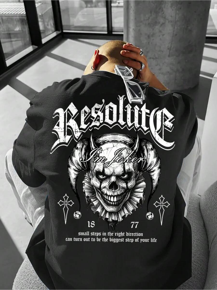 Camiseta de Hombre con Estampado de Payaso Resolute - Manga Corta, Cuello Redondo, Estilo Casual Urbano con Cara de Payaso y Texto, Camiseta de Poliéster Lavable a Máquina para Atuendo Casual de Primavera Verano - Negro - Ver 1