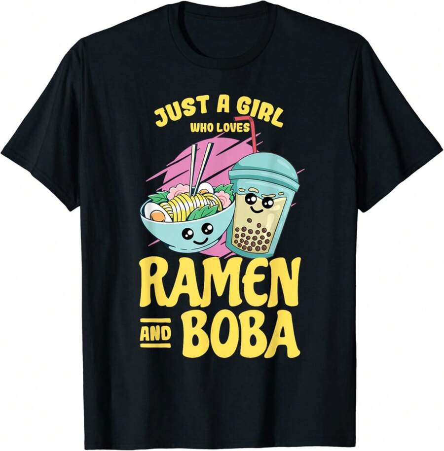 Just A Girl Who Loves Ramen And Boba Bubble Tea Gift Unisex T-Shirt - 黑色 - 查看 1