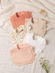 5pcs Soft Breathable Bibs With Floral Ruffled Edge, Absorbent Gauze Baby Drool Bibs, Newborn Gift Set, Cute Printed Feeding Bibs For Babies - Multicolor - View 3