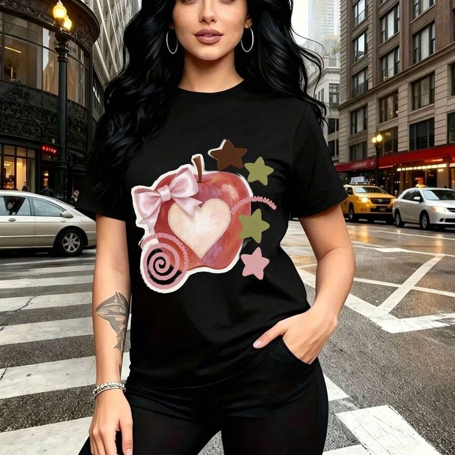 Camiseta de mujer con estampado de lazo rosa, corazón y estrellas coloridas - camiseta casual de manga corta con ajuste cómodo y estilo urbano vibrante - ideal para paseos por la ciudad, salidas diarias y regalo perfecto para mamá, esposa, novia, her - Negro - Ver 1