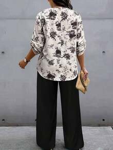 Set de 2 piezas Traje de mujer talla con cuello entallado, mangas con botones y estampado floral de color contrastante - Multicolor 21 - Ver 2