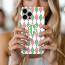 Preppy Pink & Green Monogram Phone Case, Custom Argyle Pattern Casing, Personalized Monogrammed Gift For Her, , ,  Models - 1 Piece Of Picture Color - View 1