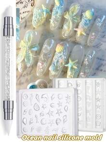 Moules à ongles en silicone thème océan, moules pour art des ongles 3D coquillages, étoiles de mer, dauphins. Modèles de gravure thème plage pour charms à ongles en gel 3D, outils de décoration manucure pour ongles d'été DIY pour femmes avec stylo de gravure en silicone - Transparent - Voir 2