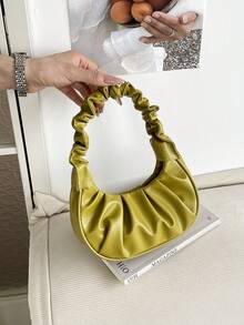 Mini Fashionable Solid Color Pleated Cloud Shaped Handbag, Crescent Shoulder Bag, Underarm Tote Bag, Commuter Bag, Spring/Summer - Mustard Yellow - View 6