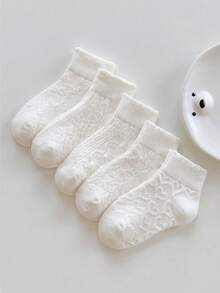 5 Pairs Kids Mid-Calf Socks, Breathable Mesh Material, Designs Include Smiling Face, Rabbit, Heart And Diamond Stripe, Suitable For Girls Wear In Summer, Breathable And Comfortable, Fit For Girls Aged 1-16 - White - View 1