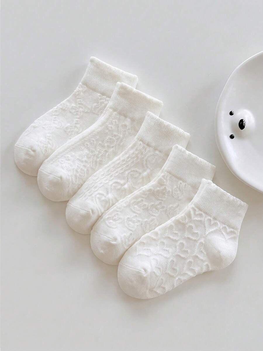 5 Pairs Kids Mid-Calf Socks, Breathable Mesh Material, Designs Include Smiling Face, Rabbit, Heart And Diamond Stripe, Suitable For Girls Wear In Summer, Breathable And Comfortable, Fit For Girls Aged 1-16 - White - View 1