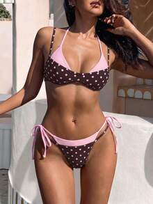 Women's Retro Polka Dot And Striped Bikini Swimsuit, Casual And Fashionable For Vacation, Music Festivals, Cup Races, Kentucky Derby, Summer Beach. - 咖啡粉 - 查看 6