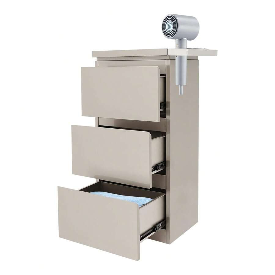 kangten 3 Drawer Barber Shop Storage Cabinet, Fingerprint Resistant Stainless Steel Hair Salon Floor Cabinet With Hair Dryer Holder, Small Beauty Organizer For Tools, Compact Vanity Station (Silvery) A Nice Gift - Silvery@BGIKMV-002110*1 - View 1