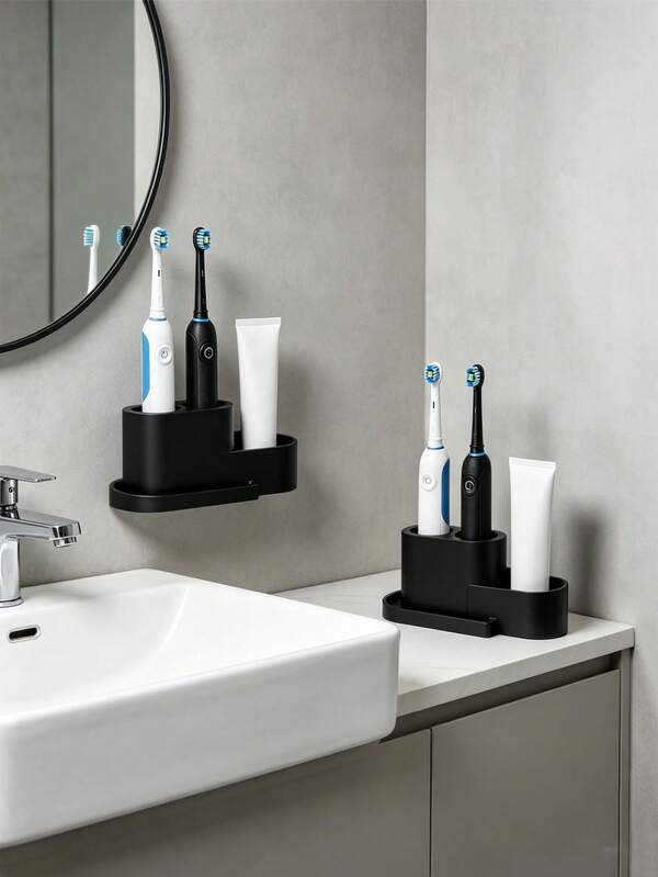 1pc Electric Toothbrush Holder, Holds 2 Electric Toothbrushes, Black/White Optional, Compartmentalized Storage, Toothbrush Rack, ABS Plastic Material, Extra Toothpaste Storage Space, Detachable, Easy To Clean, Luxury Bathroom Accessory, Essential Home Washbasin Organizer