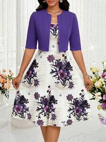 Conjunto de 2 piezas de vestido y chaqueta elegante con estampado para mujer - Multicolor - Ver 1