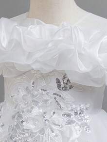 年轻女孩蕾丝串珠花朵花瓣优雅不对称下摆花童婚礼派对公主裙 - 白色 - 查看 7