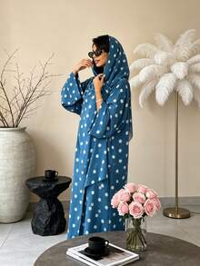 Polka Dot Print Open Front Abaya Kimono, Wide Flare Sleeve Loose Modest Muslim Long Outerwear Cardigan For Daily Holiday Occasions - Multicolor - View 12