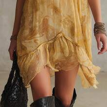 2026 New Style Yellow Printed Strap Dress Women, Summer Hollow Lace Trim Beach Dress, Short Dress - 圖片色 - 查看 2