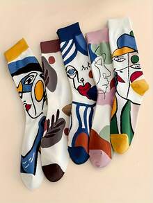 5 Pairs Unisex Couples Abstract Oil Painting Socks, Breathable Sweat-Absorbing Long Socks, Minimalist European & American Style Graffiti Deodorizing Mid-Calf Socks, Suitable For All Seasons, Autumn/Winter Christmas Gift - Random 4 Pairs - View 3
