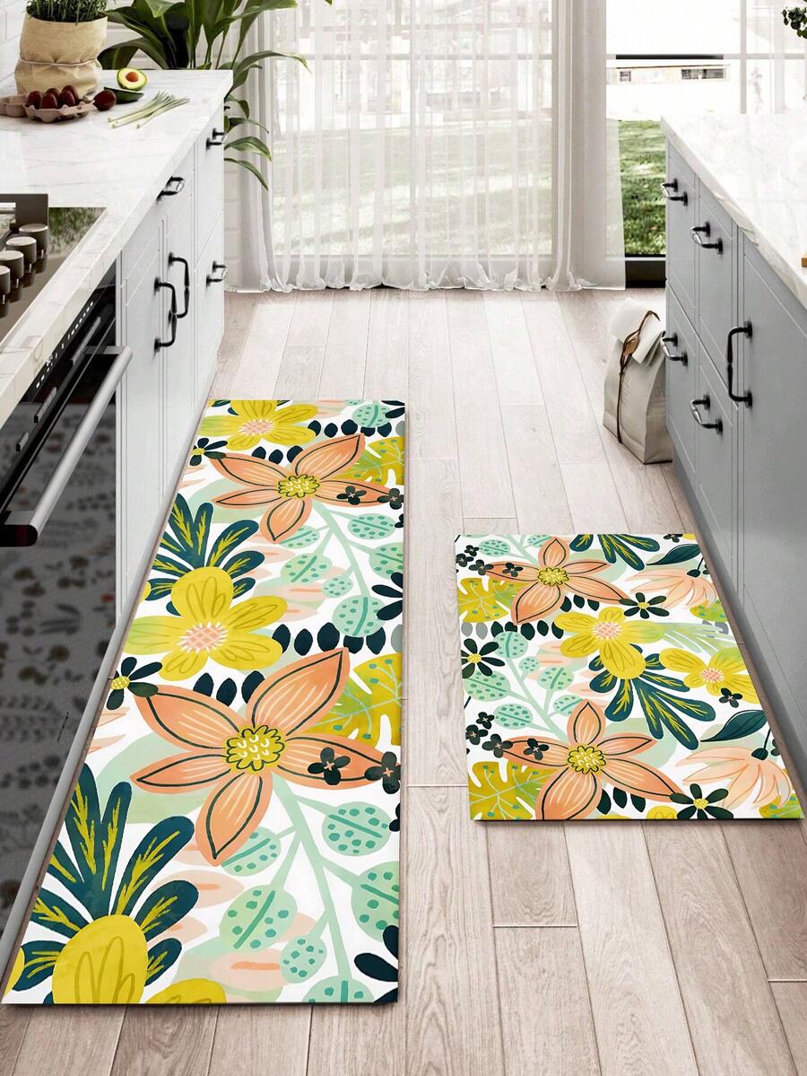 1/2pcs Bohemian Floral Kitchen Mat Set, Modern Farmhouse Style Floral Kitchen Rugs And Mats, Non-Slip Washable, Spring/Summer Bohemian Kitchen Runner Rugs, Rubber Backing - Multicolor - View 1