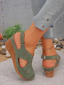 Women's Summer Outdoor Wedge Thick-Sole Slip-On Sandals, Hook And Loop Strap At Heel, Holiday Essential, Comfortable Non-Fatiguing, Outdoor Gathering - Dark Green - View 5