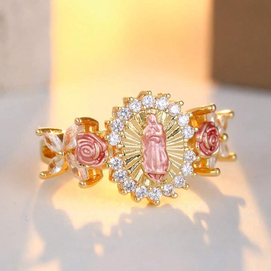 波希米亞風雕花戒指,玫瑰肖像浮雕設計,鑲嵌閃耀鋯石,精緻節日禮物戒指 - 金色 - 查看 1