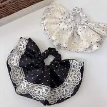 1个波点复古涤纶发圈，法式复古缎面波点蕾丝边超大蓬松马尾发圈，适合所有季节 - 彩色 - 查看 1