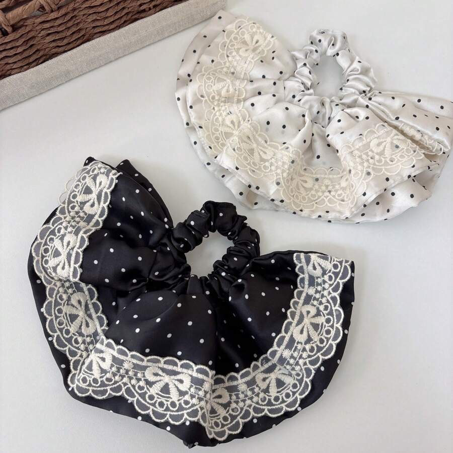 1个波点复古涤纶发圈,法式复古缎面波点蕾丝边超大蓬松马尾发圈,适合所有季节 - 彩色 - 查看 1