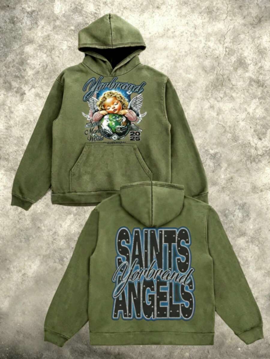 Men's "Saints & Angels" Angel Earth Washed Hoodie – Vintage Cherub & Globe Graphic Oversized Hoodie, Retro Y2K Streetwear Casual Top - 軍綠色 - 查看 1