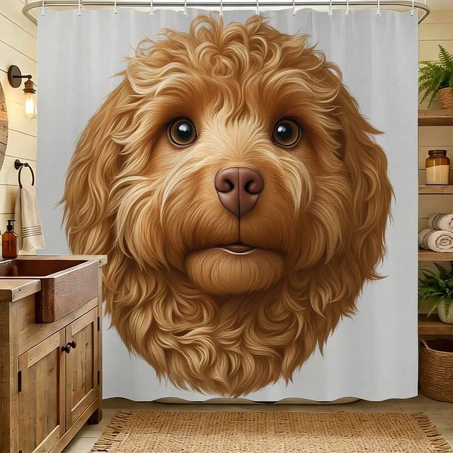 1件裝可愛金毛貴賓犬臉印花防水浴簾,聚酯纖維防霉浴室隔簾附掛鉤,寵物愛好者農舍風浴室家居裝飾 - 查看 1
