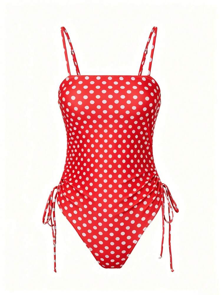 Đồ bơi Monokini chấm bi cắt cao phong cách retro, áo nhún, dây buộc bên, trang phục đi biển kỳ nghỉ nhiệt đới 2026 cho nữ, dây đeo thời thượng cho kỳ nghỉ hè - Đỏ - Xem 3