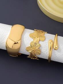 3pcs/Set Gelang Tebal Minimalis Warna Emas dengan Motif Geometris Melengkung Asimetris Bentuk Bunga Tetesan Air Mata, Cocok untuk Wanita, Terbuat dari Logam Padat dan Paduan Seng. - Yellow Gold - View 10