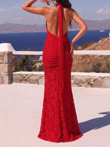 Sexy Backless Spaghetti Strap Elegant Deep V-Neck Long Draped Fitted Dress, Summer Evening Cocktail Party Gown For Women, Red - Red - View 7