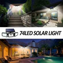 戶外太陽能燈 74LED 超亮感應燈 IP44 三種照明模式 270°廣角照明 三面太陽能防盜投光燈 適用車庫、庭院與露台 - 白光 - 查看 4