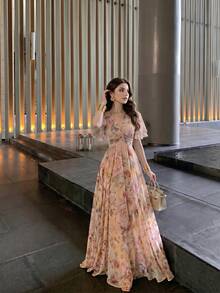 Vestido de verano con estampado floral elegante y romántico para mujer - amarillo ganso - Ver 3