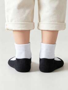 5 Pairs Kids Solid Color Mesh Short Socks, Boys & Girls School Socks, Contrast Color Children Socks - Black and White - View 3