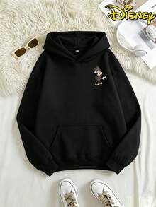 Disney Minnie Mouse Leopard Print Bow Hoodie, Women's Casual Long Sleeve Drawstring Hooded Sweatshirt - 黑色 - 查看 3