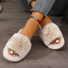 Women's Fashion Flower Decor Rhinestone Plush House Slippers, Fluffy Warm And Comfortable Indoor/Outdoor Slippers For Women, Suitable For All Seasons - White - View 8