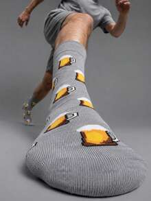 1 Pair Beer Mug Crew Socks, Light Heather Gray Base, Full Foamy Beer Cup Pattern, Fun Novelty Gift For Beer Lovers - Multicolor - View 2