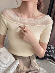 French Elegant Off Shoulder Mesh Splice Beaded Knit Sweater, Versatile Fitted Crop Top For Work, Dating, Vacation Summer - Apricot - View 4
