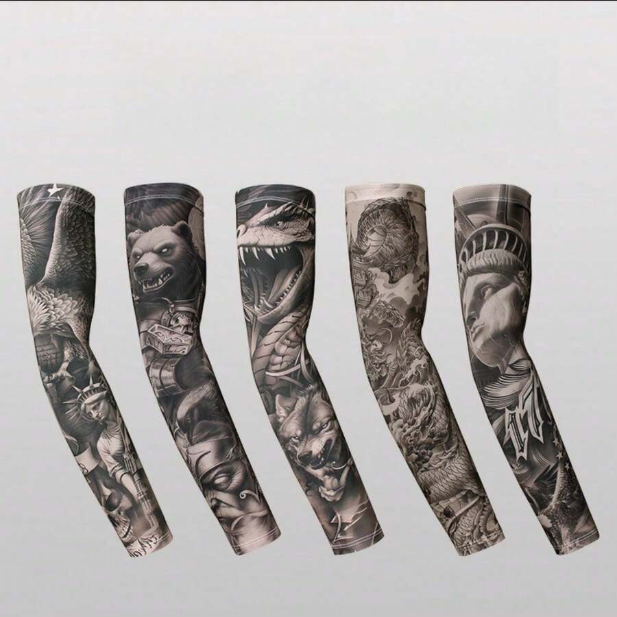 Men Summer Outdoor Cycling Motorcycle Tattoo Printed Ice Silk Sun Protection Arm Sleeves, Breathable Cooling Arm Covers For Daily Shading Use - Multicolor - View 1