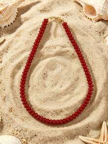 1pc European And American Bohemian Simulated Stone Abacus Beaded Short Necklace, Stainless Steel Accessories, Suitable For Holiday And Beach - Handmade Beaded Faux Stone Stainless Steel Necklace - View 14