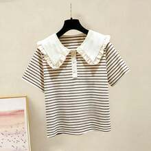 Girls' Ruffled Striped Short Sleeve Blouse, Sweet Back To School Shirt For Toddler & Big Girls - Coffee Brown - View 3