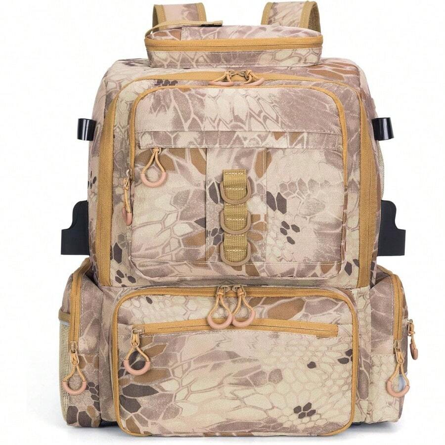 Fishing Tackle Backpack, 45L Storage Waterproof Travel Bag Store Fishing Gear With Insulated Top Pocket - Camouflage Khaki + Standard Size 4 Tackle Boxes Not Included 900d Nylon - View 1