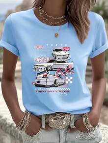 Tokyo Racing Cars Street Speed Digital Print Short Sleeve Unisex Pure Cotton Loose And Comfortable - Blue - View 1