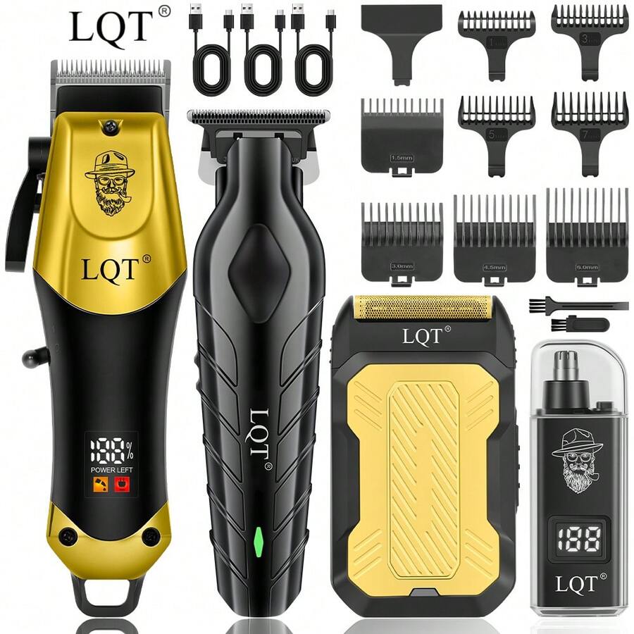 LQT 专业男士理发套装 - 1/2/3/4 件套,迷你无线理发器,USB 充电式修剪器,耳鼻毛修剪器和剃须刀,适合初学者或家庭使用,父亲节礼物,送礼佳品 - 金色 - 查看 1