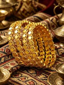 1/4Pcs Geometric Texture Bracelet, Stackable Middle Eastern Style Women's Wristband - Yellow Gold - View 3