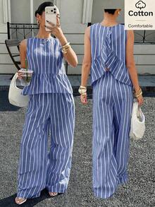 Conjunto de 2 piezas de camisola con volantes y pantalones de pierna ancha a rayas para mujer, conjunto de pijama de pantalón largo y top sin mangas con cuello de solapa a rayas, pijama de verano a rayas azul y blanco para mujer, conjunto de pijama elegante y cómodo para mujer con detalles a rayas, top de cuello redondo suelto y pantalón de cintura elástica que se puede usar como ropa exterior, conjunto de pantalones anchos de cintura baja con espalda abierta y pierna recta ancha en azul con estilo Y2K - Azul - Ver 12