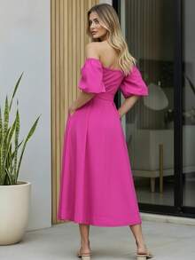 Women's Off-The-Shoulder Long Dress With Adjustable Belt And Puff Sleeves - 紫紅色 - 查看 4